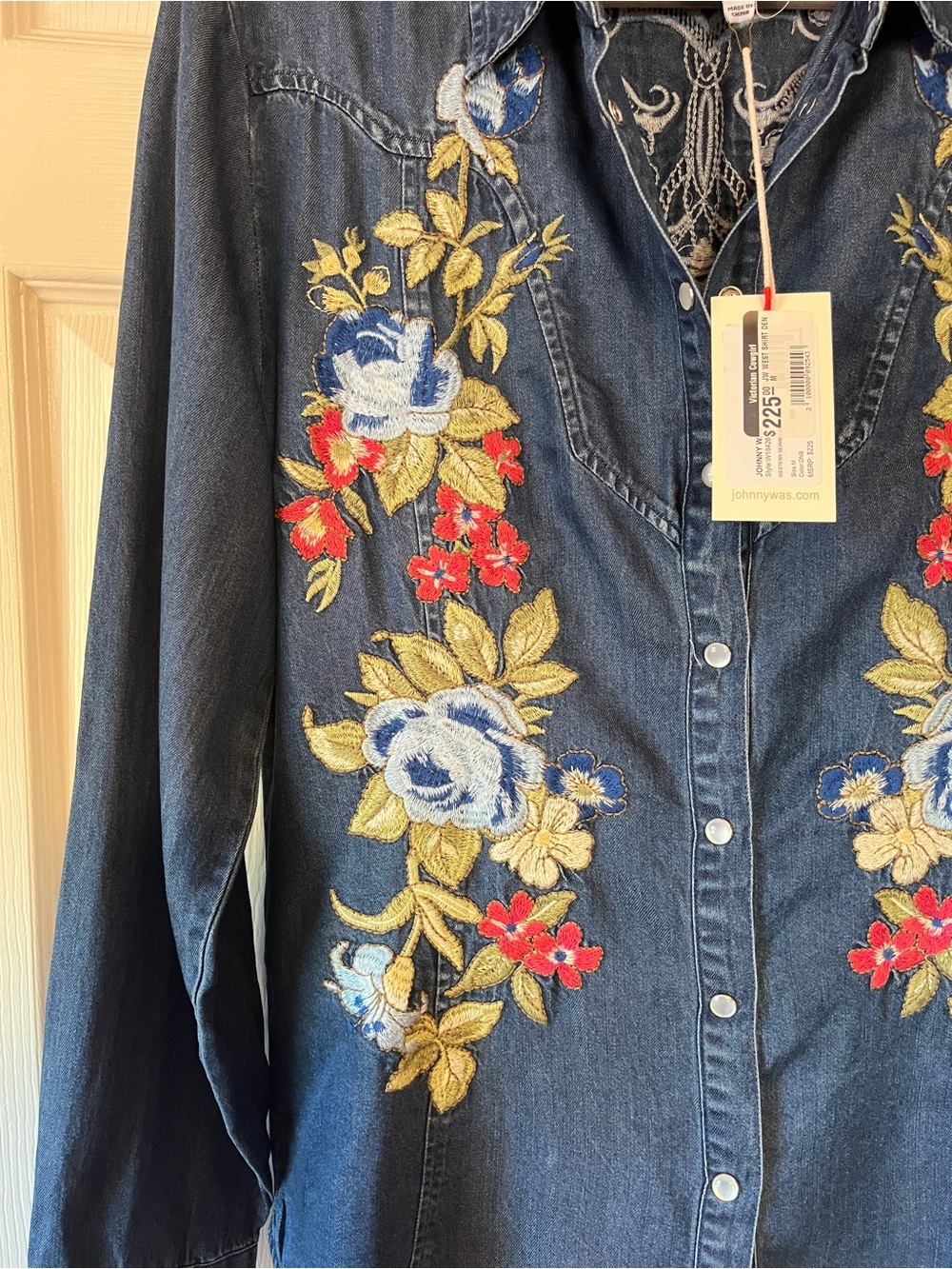 Johnny Was Hannah Denim Shirt with Multicolor Floral Embroidery - Blue - Picture 3 of 12